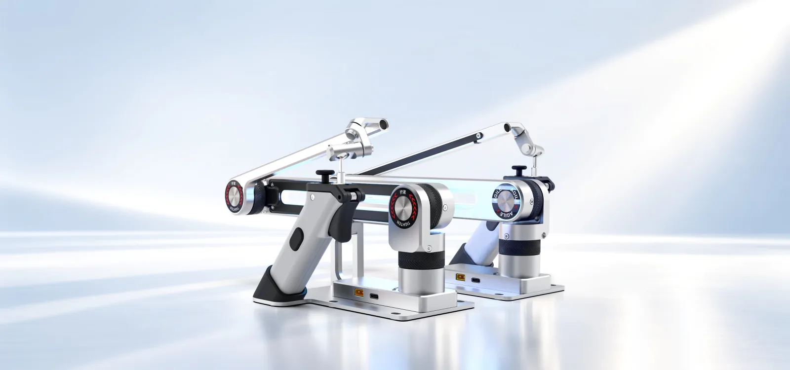 Para ramion wiodących Universal Master Arm - wersja lewa i prawa na płytach montażowych (render producenta)
